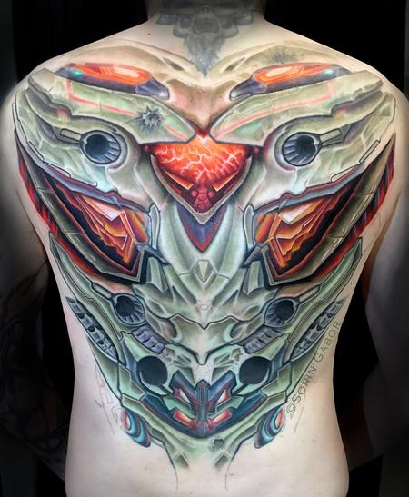 Tattoos - Realistic color futuristic armor biomech back tattoo - 144005